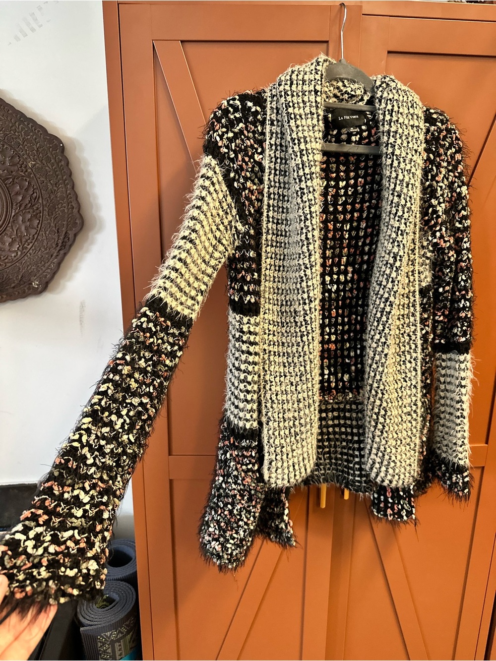 La Fee Verte Black Pink Cream Textured Open-Front Knit Chunky Confetti Cardigan